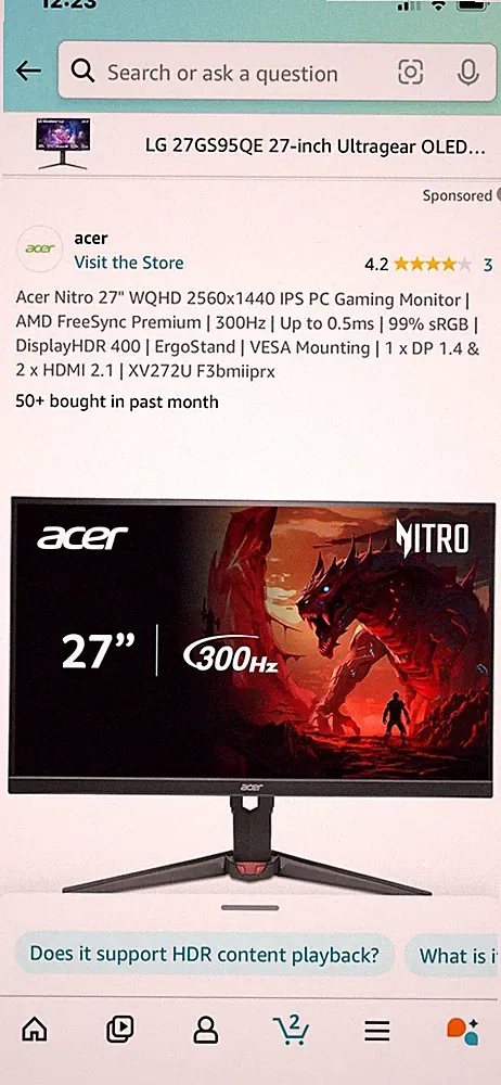 Acer Nitro XV272U F3bmiiprx 27" WQHD IPS 300Hz Gaming Monitor FreeSync HDR