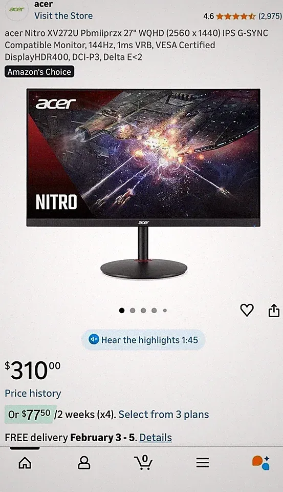 Acer Nitro XV272U W2 27 Class WQHD Gaming LED Monitor - 16:9 - Black"