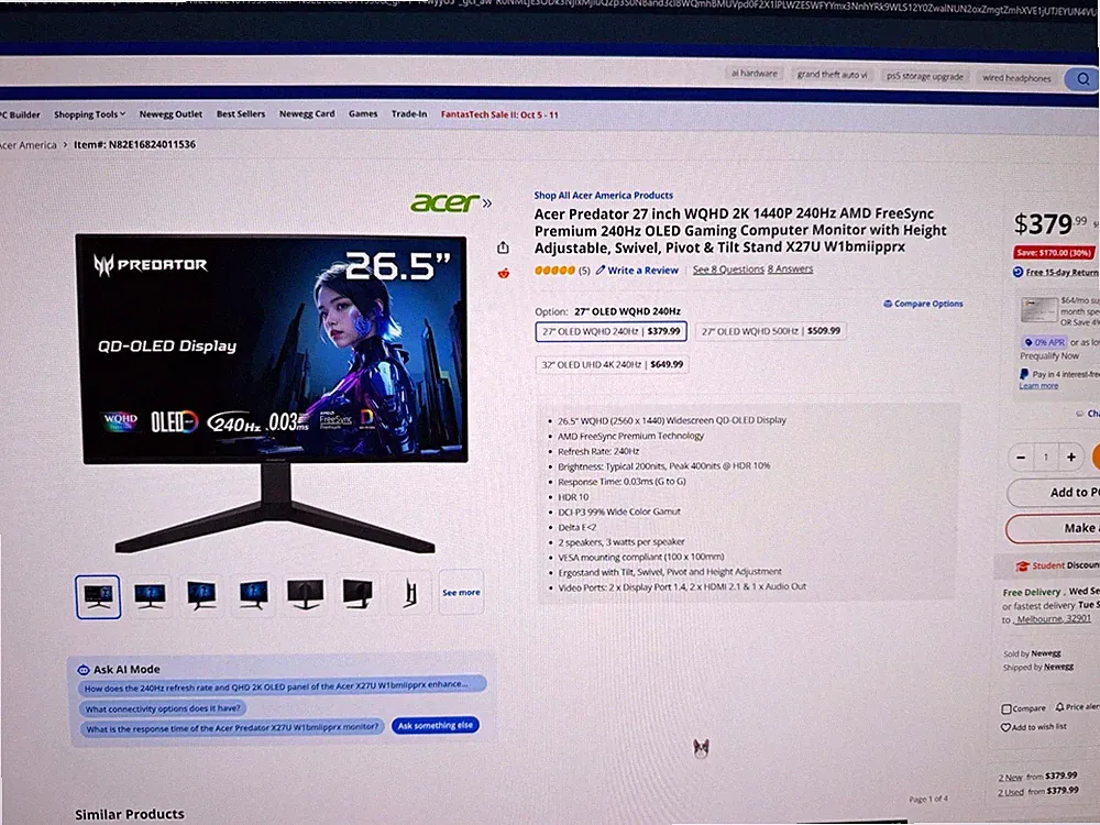 Acer Predator X27U 26.5" QD-OLED 240Hz 2560x1440 Gaming Monitor, VESA