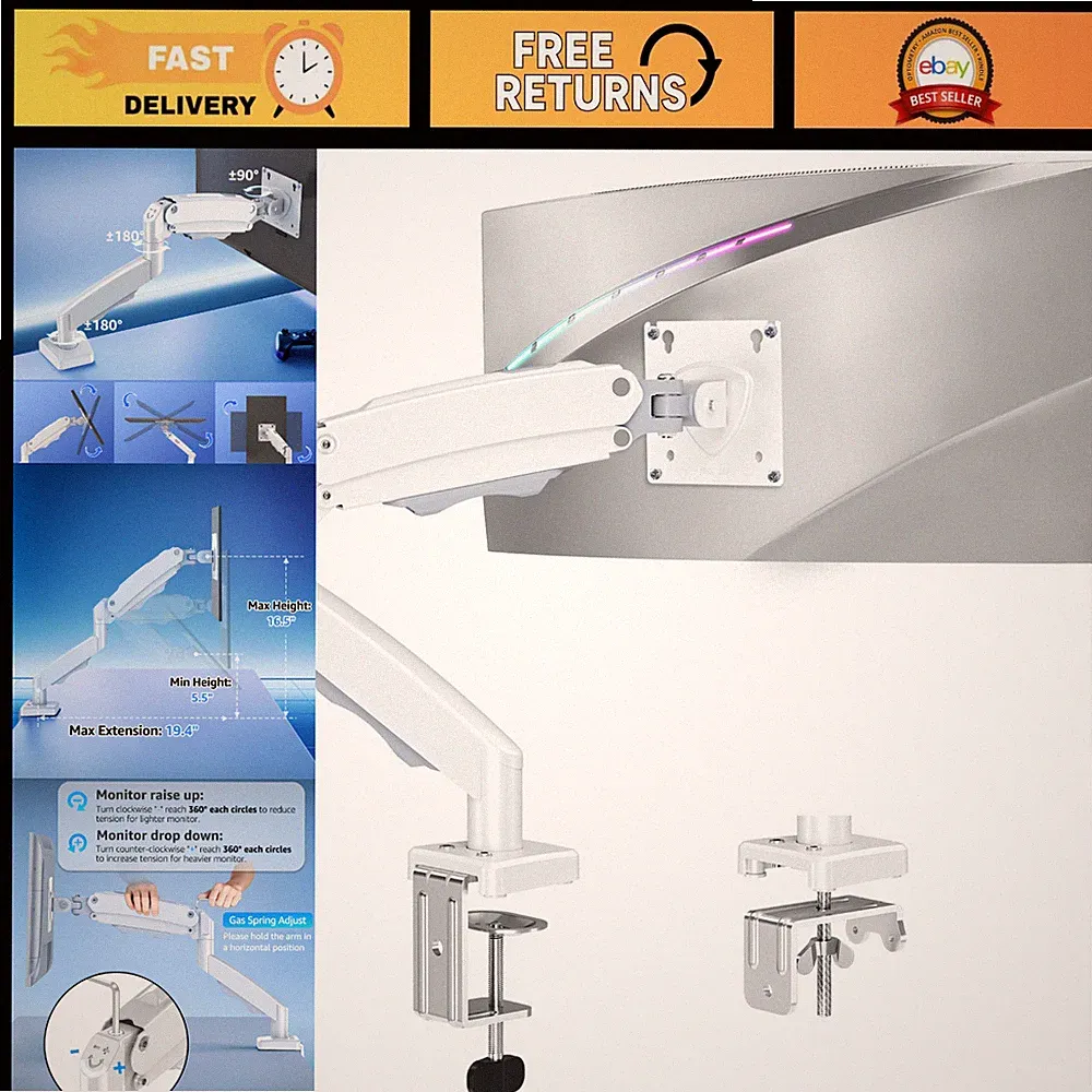 Adjustable Single Monitor Mount for 22"-32" Screens, VESA Desk Arm, Gaming & Off