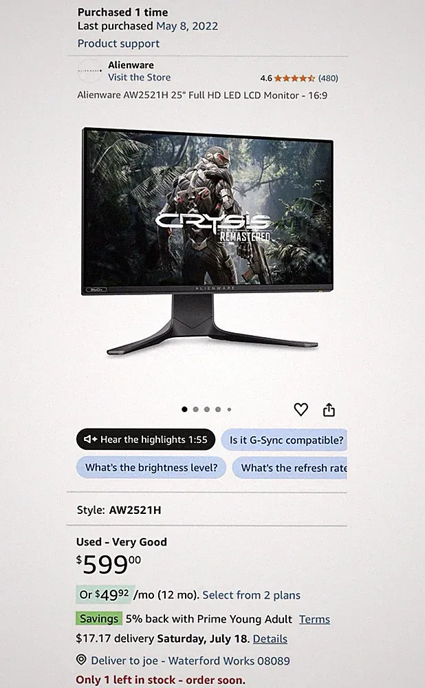 Alienware AW2521H 25" Full HD 360hz LED LCD Monitor - 16:9
