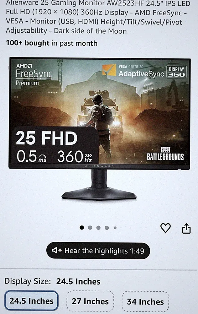 Alienware AW2523HF 24.5" IPS LED Gaming Monitor 360Hz 0.5ms FHD USB HDMI