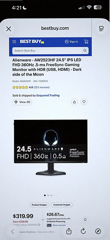 Alienware AW2523HF 24.5in IPS LED FHD 360Hz 0.5ms HDR Gray Monitor