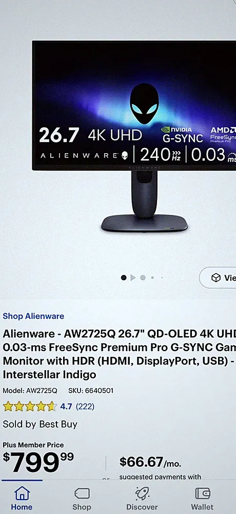 Alienware AW2725Q 27” 4K UHD 240Hz QD-OLED Gaming Monitor