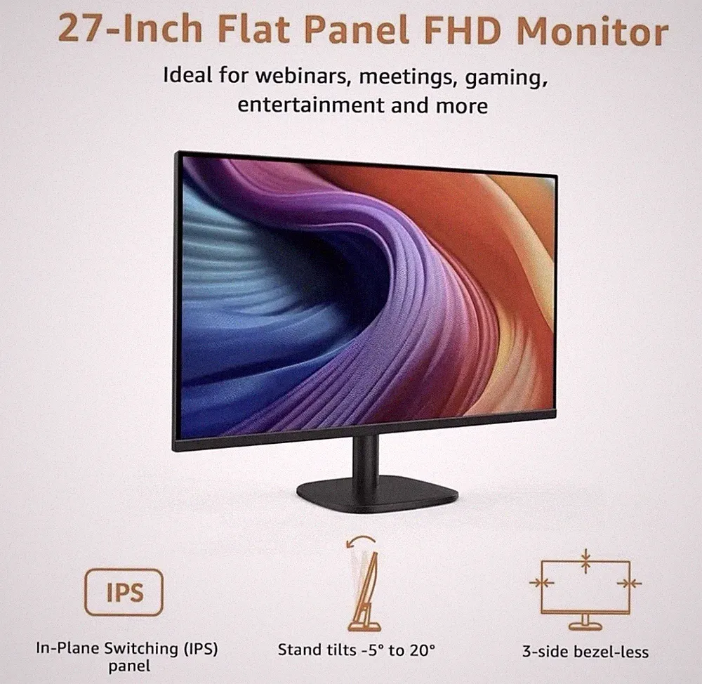 Amazon Basics | 27" Monitor | FHD 1080P | 100Hz | Built-in Speakers | Black