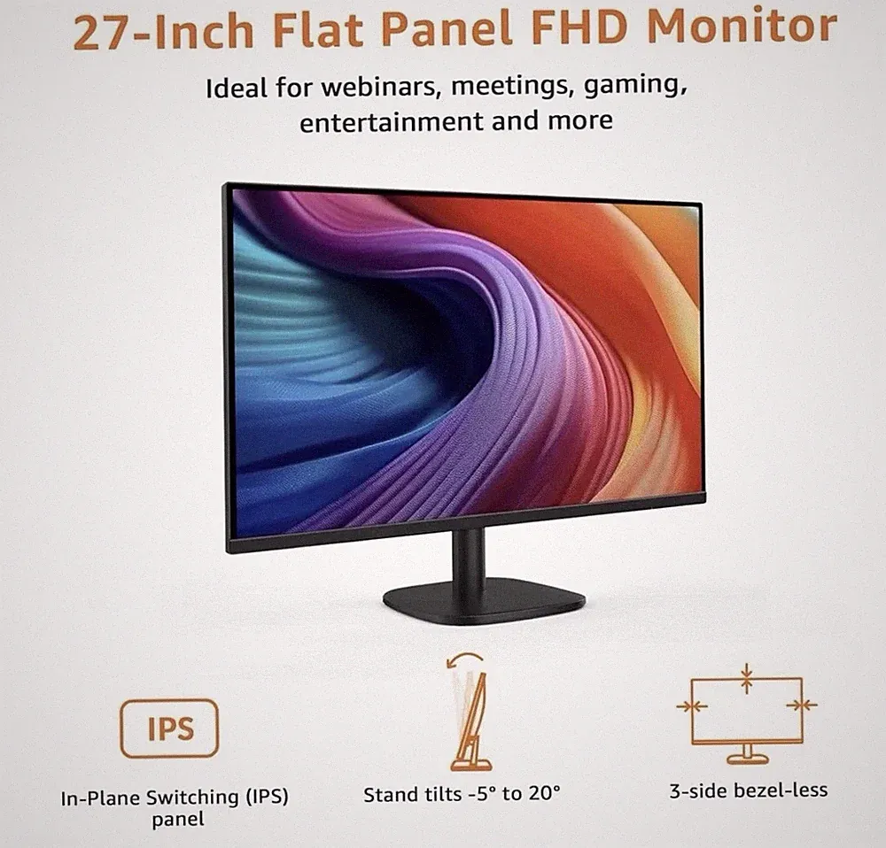 Amazon Basics | 27" Monitor | FHD 1080P | 100Hz | Built-in Speakers | Black