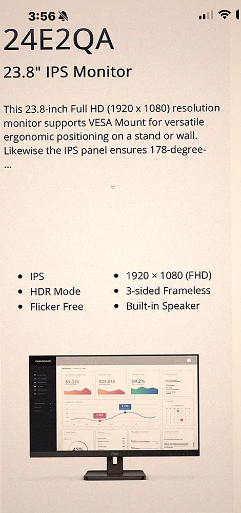 AOC 24E2QA 23.8'' 1080p FHD IPS LED Monitor