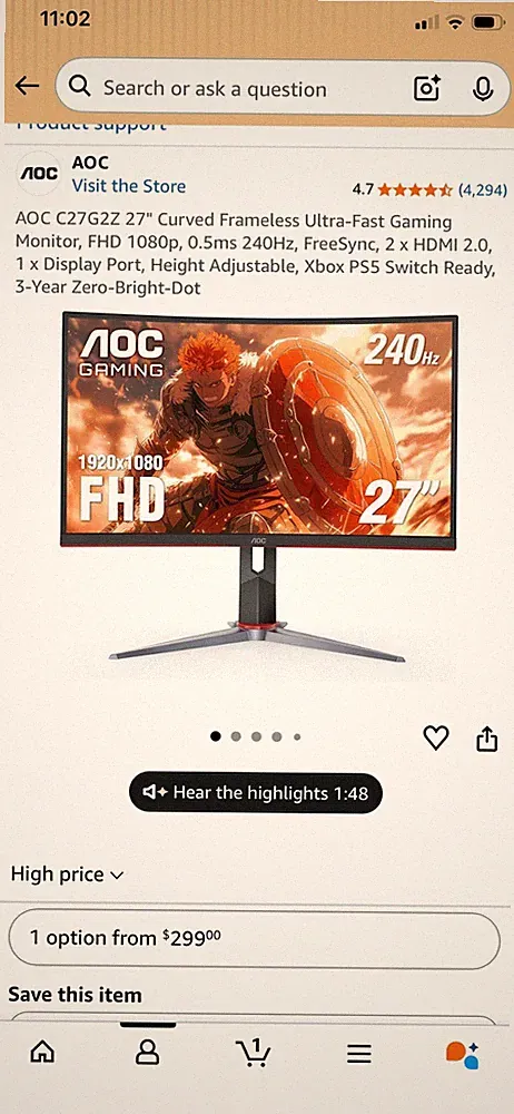 AOC C27G2Z 27" Curved Frameless Ultra-Fast Gaming Monitor