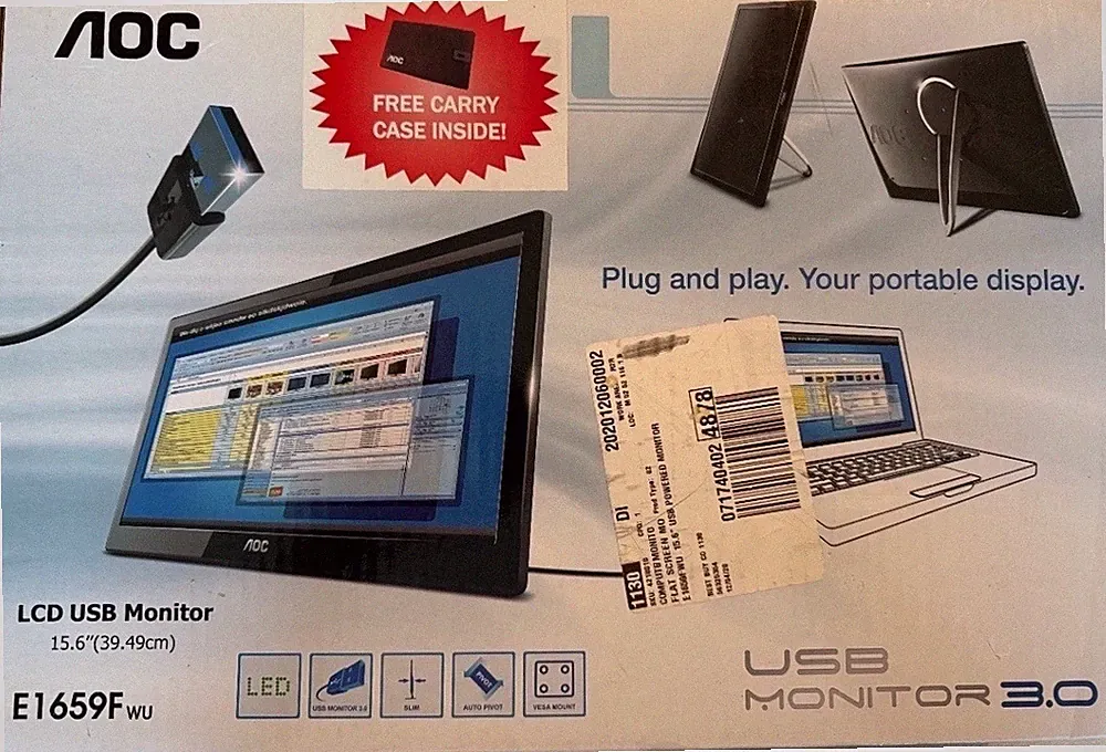 AOC Portable LCD Monitor 15.6 Inch E1659FWU USB For Laptop, PC NEW Sealed Box