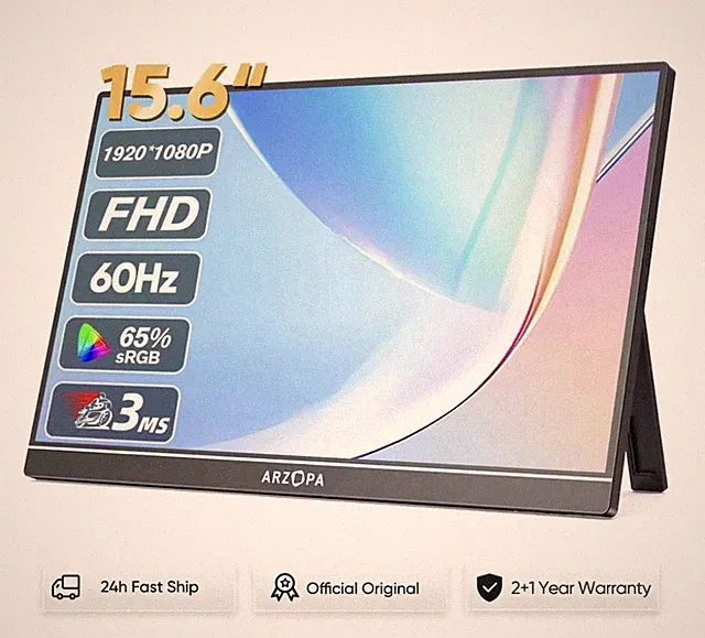 ARZOPA 15.6in Portable Monitor FHD 1920x1080 60Hz 3ms HDMI Black