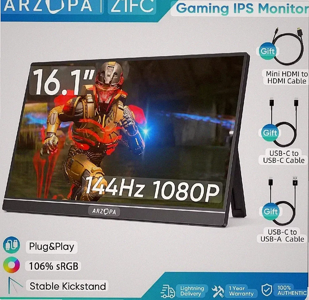 ARZOPA 16.1 144Hz Portable Gaming Monitor, 106 sRGB 1080P FHD Kickstand Porta...