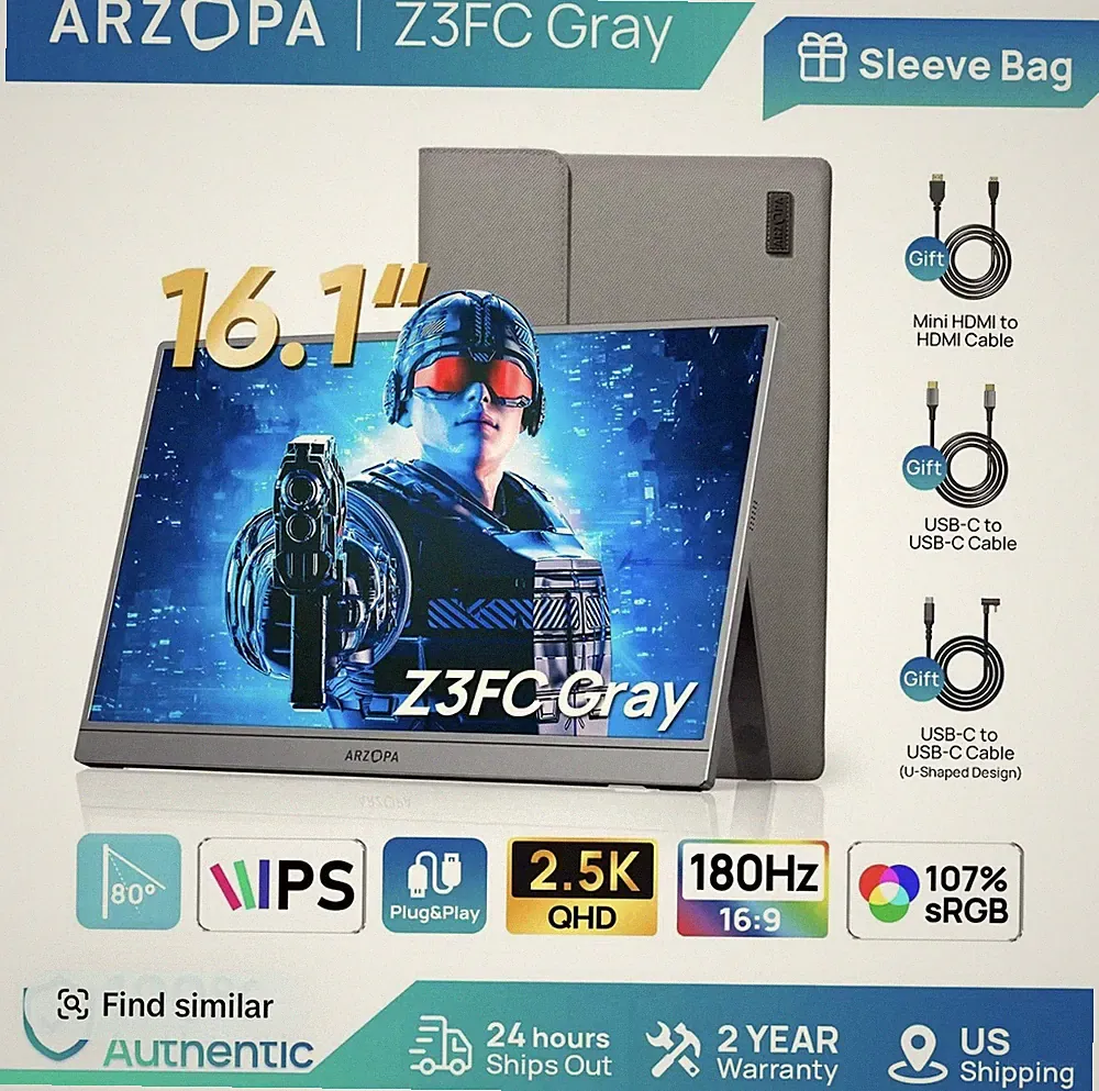 ARZOPA 16.1'' 180Hz 2.5K Portable Monitor, 2560x1440 QHD 107% sRGB Kickstand...