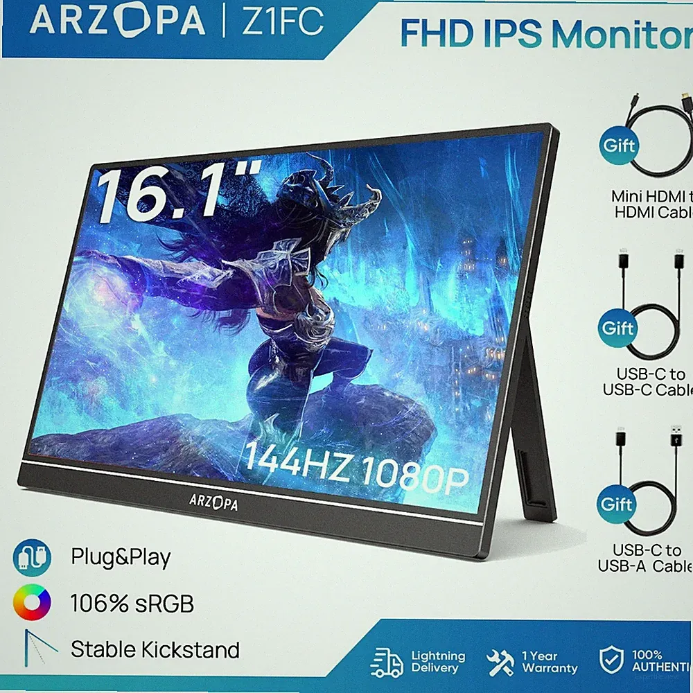 ARZOPA-Z1FC, 16.1'' 144Hz Portable Gaming Monitor, 100% sRGB, 1080P HDR with USB