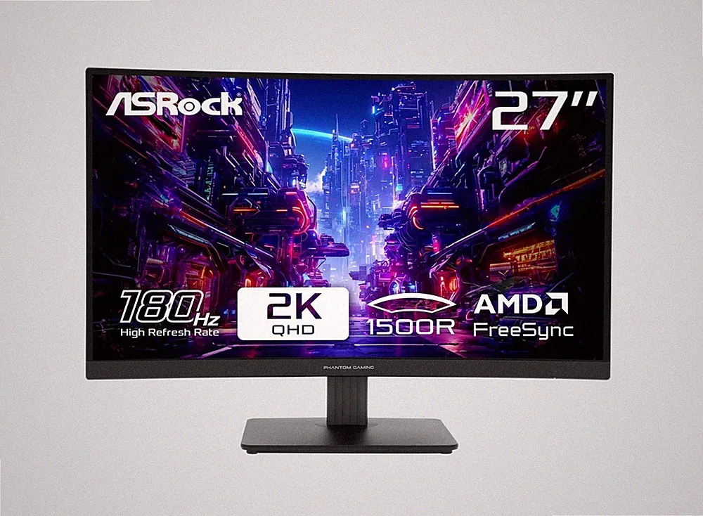 ASRock Phantom Gaming PG27QRT1B 27" QHD VA, 180Hz Monitor, 1ms, 1500R Curvature