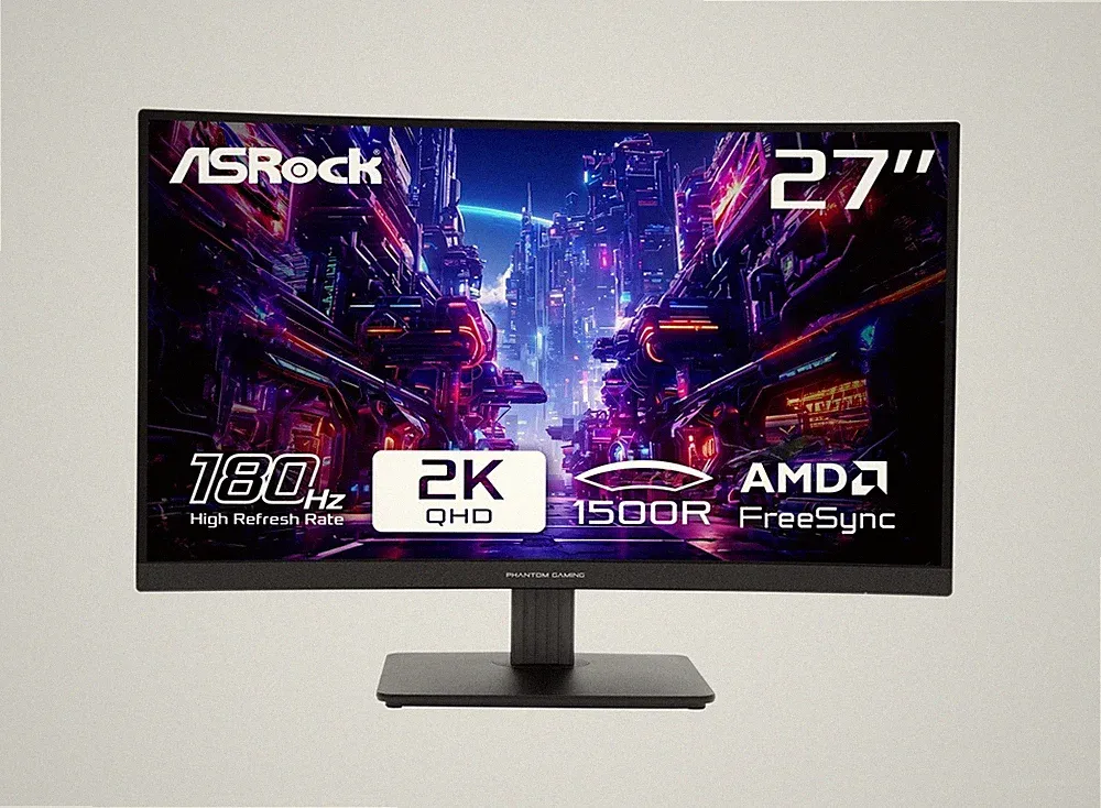 ASRock Phantom Gaming PG27QRT1B 27" QHD VA, 180Hz Monitor, 1ms, 1500R Curvature