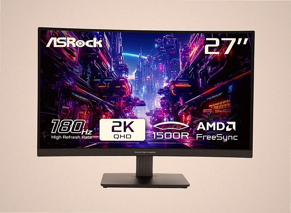 ASRock Phantom Gaming PG27QRT1B 27" QHD VA, 180Hz Monitor, 1ms, 1500R Curvature