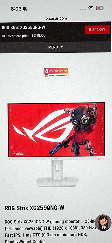 ASUS ROG Strix XG259QNG-W 25" Gaming Monitor, 380Hz, IPS, HDR, White, USB-C