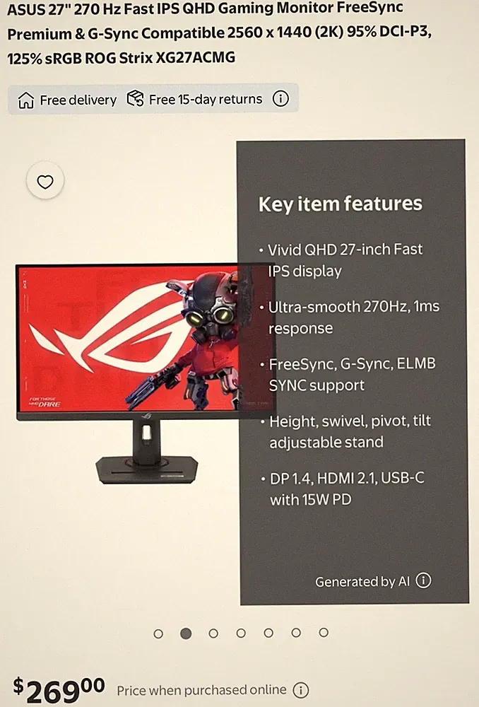 ASUS ROG Strix XG27ACMG 27" 270 Hz Fast IPS QHD 2560 x 1440 (2K) Gaming Monitor