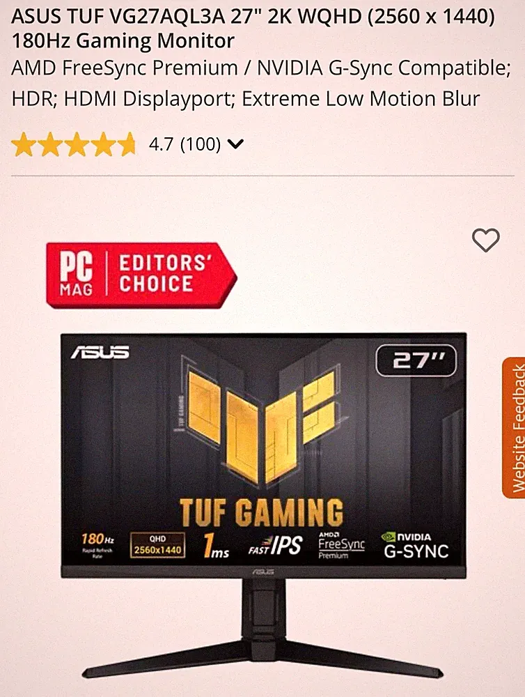 ASUS TUF Gaming VG27AQL3A 27in 2560x1440 180Hz IPS 1ms HDR G-SYNC