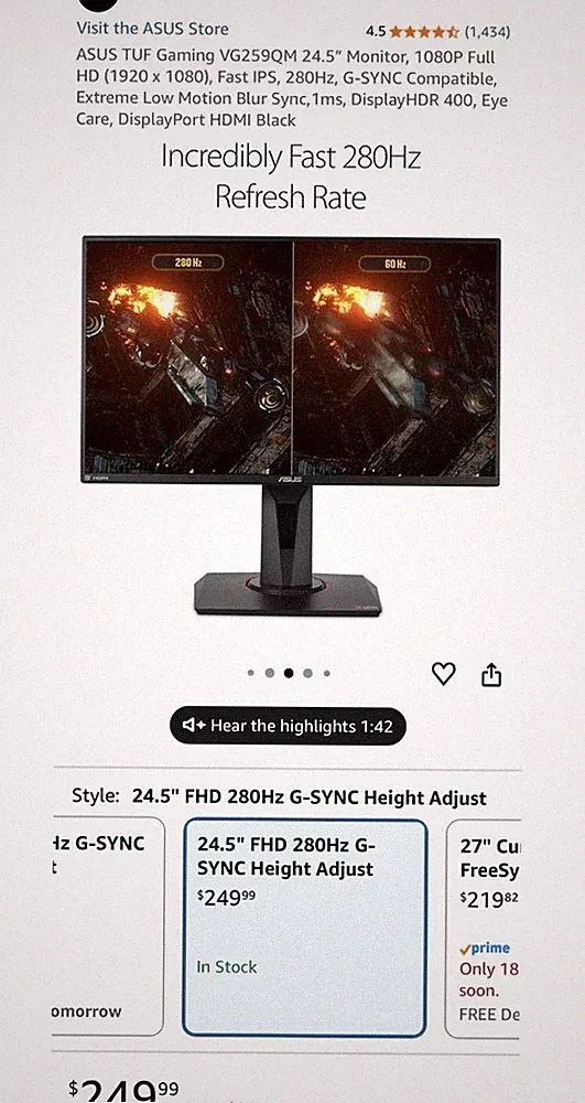 ASUS TUF VG259QM 24.5” 280Hz IPS Gaming Monitor + Monitor Arm