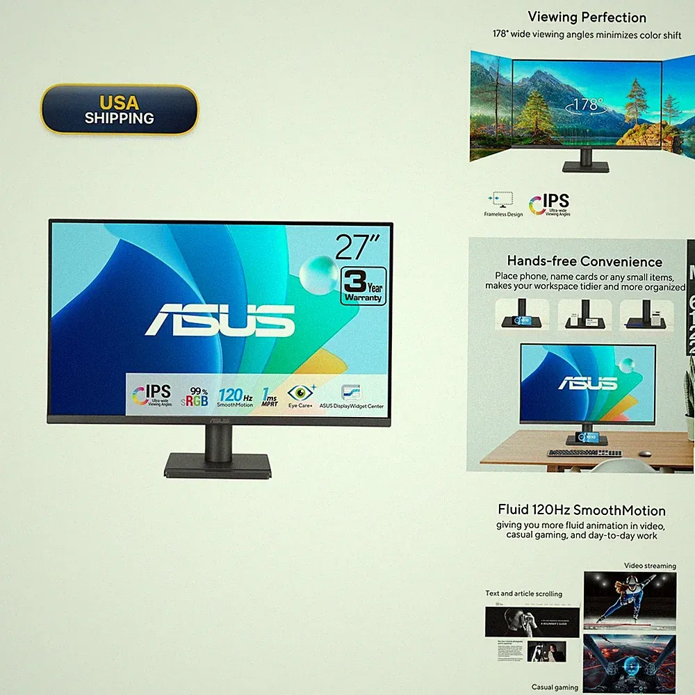ASUS VA279HG 27 Inch 1080P 120Hz Eye Care Gaming Monitor, HDMI, VGA
