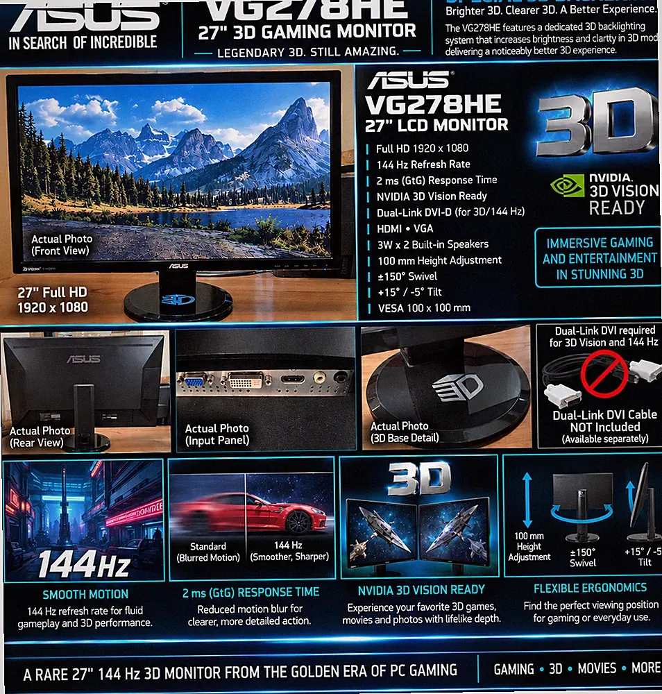 ASUS VG278HE 27” 144Hz 1080p NVIDIA 3D Vision Gaming Monitor Dual-Link DVI