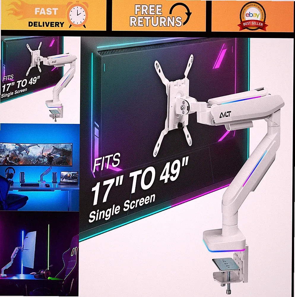 AVLT RGB Gaming Monitor Arm Desk Mount for 17-49" Screens, White