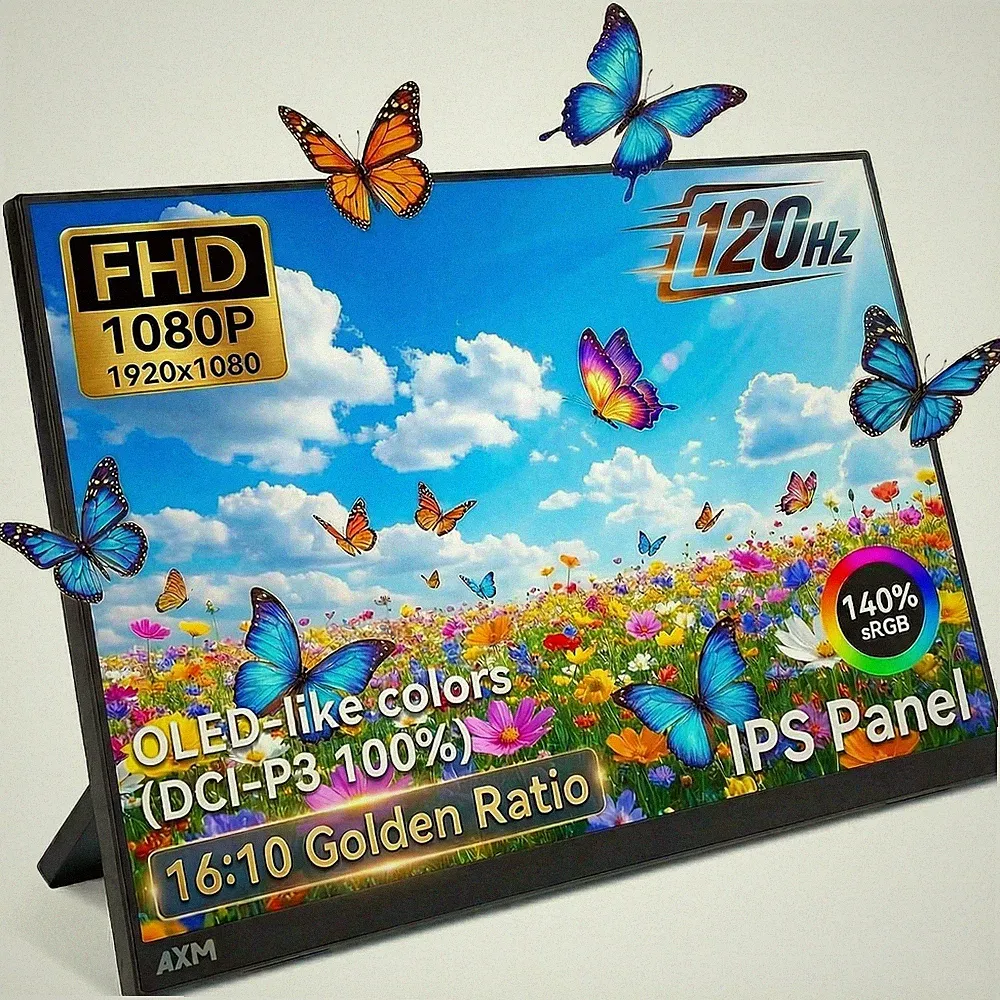 AXM 16" Portable Monitor FHD IPS 120Hz Flicker-Free 400 Nits 140% sRGB OLED-Like