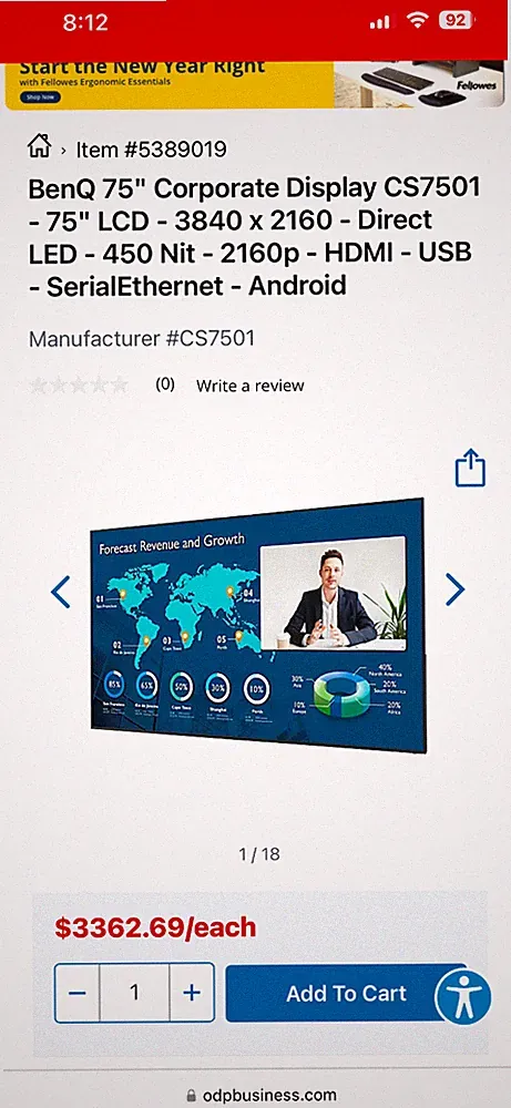benq 75in corporate display cs7501 new