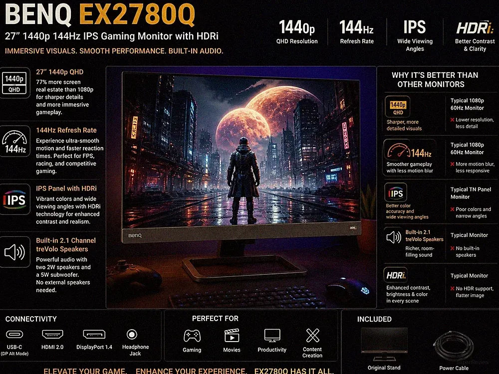 BenQ EX2780Q 27" 1440p 144Hz IPS Gaming Monitor with HDRi