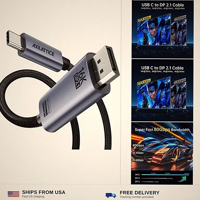 Bidirectional USB C to DisplayPort 2.1 Cable 16K@30Hz 8K@120Hz - 6.6FT