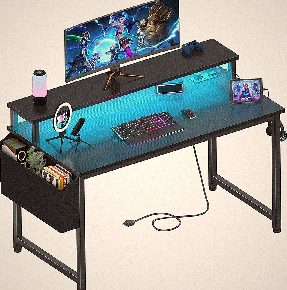 Black Gaming Desk with LED Lights and Power Outlets, 40 Inch Teen Writing Study
