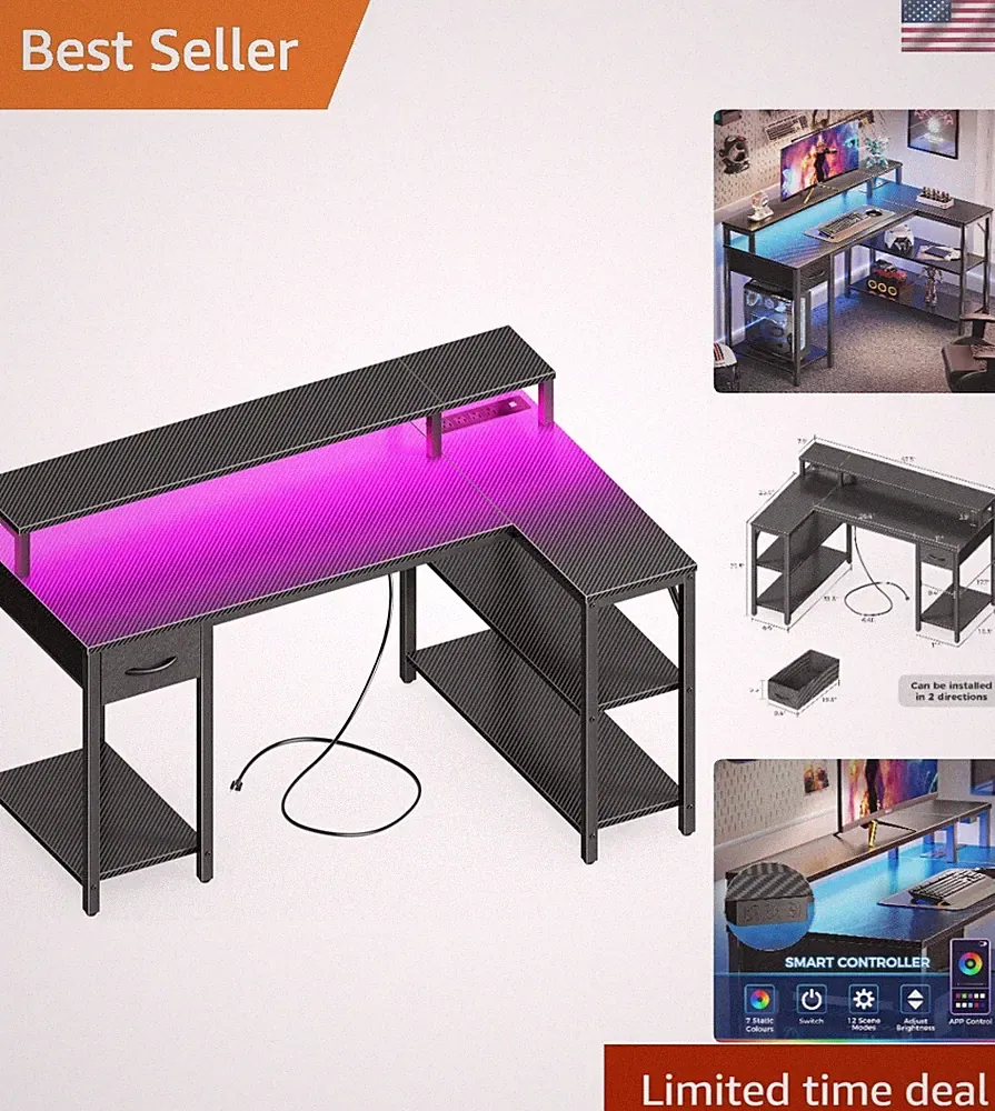 Carbon Fiber Black L-Shaped Desk with LED Lights & Monitor Stand for Gaming