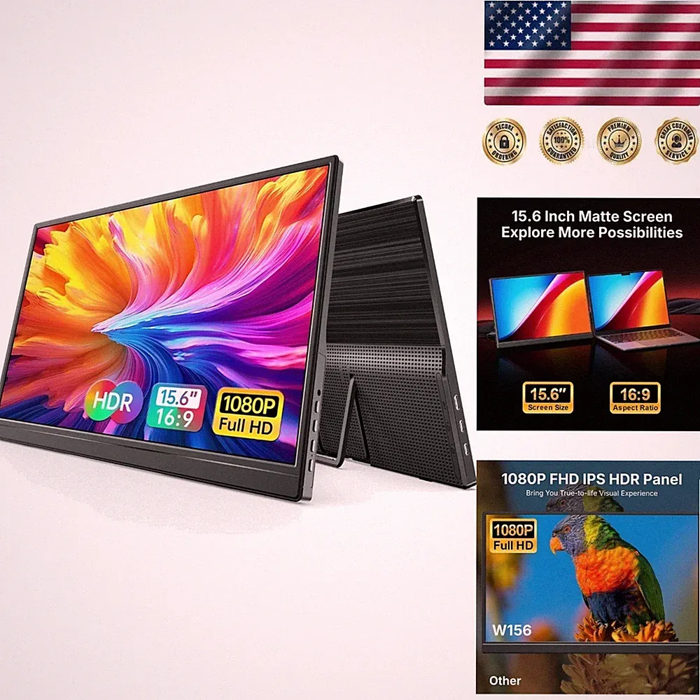 Compact 15.6” FHD Monitor - 178° Viewing, Built-In Speakers, Ideal for Travel