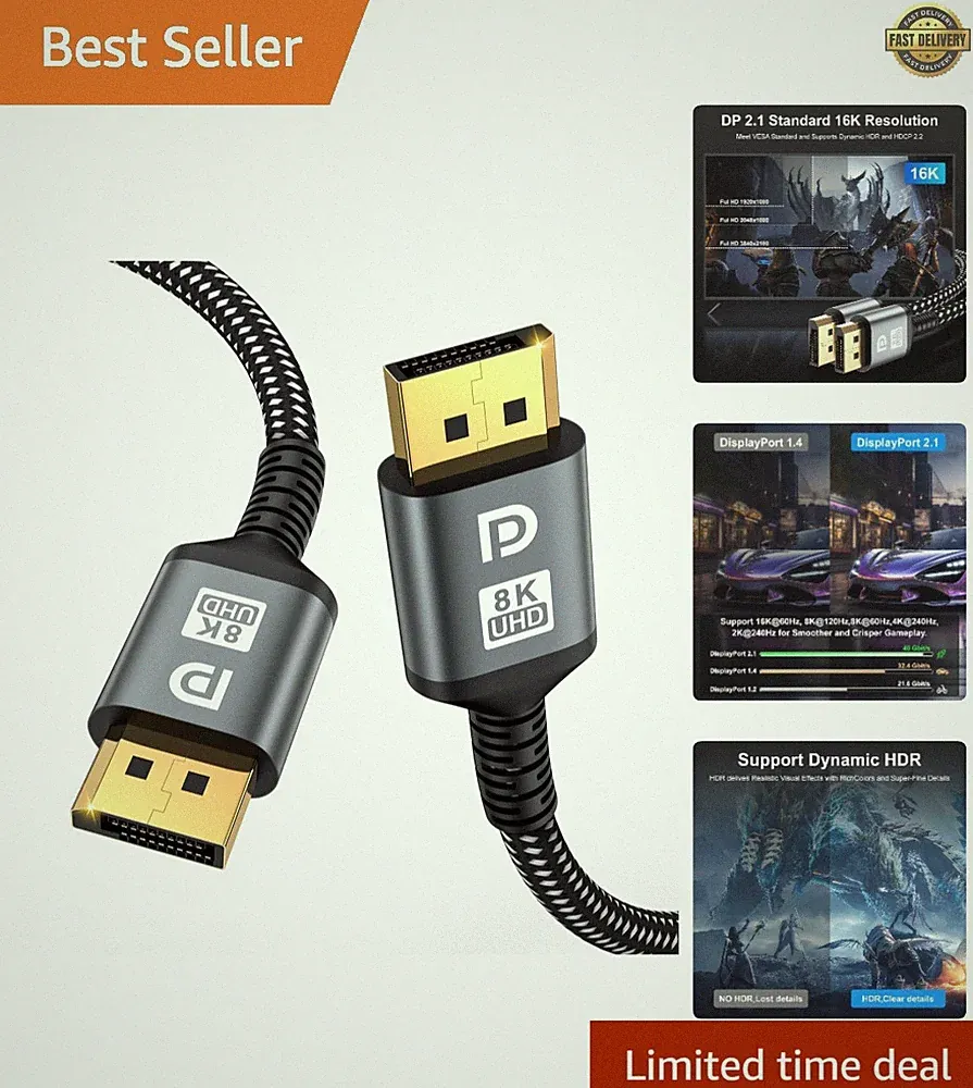 Compact 16K DisplayPort Cable 1.5FT | Gold-Plated for HDR Gaming & Creative Work