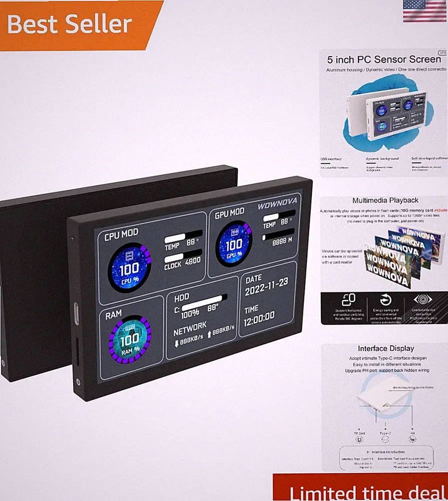 Compact 5-inch ARGB Temp Monitor with Custom Themes for Gaming and Editing
