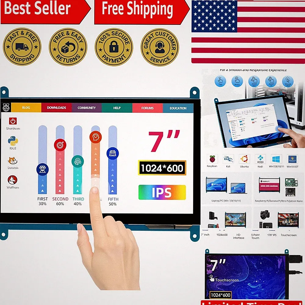 Compact 7-Inch Touchscreen Display - 1024x600 for Raspberry Pi & Gaming Consoles