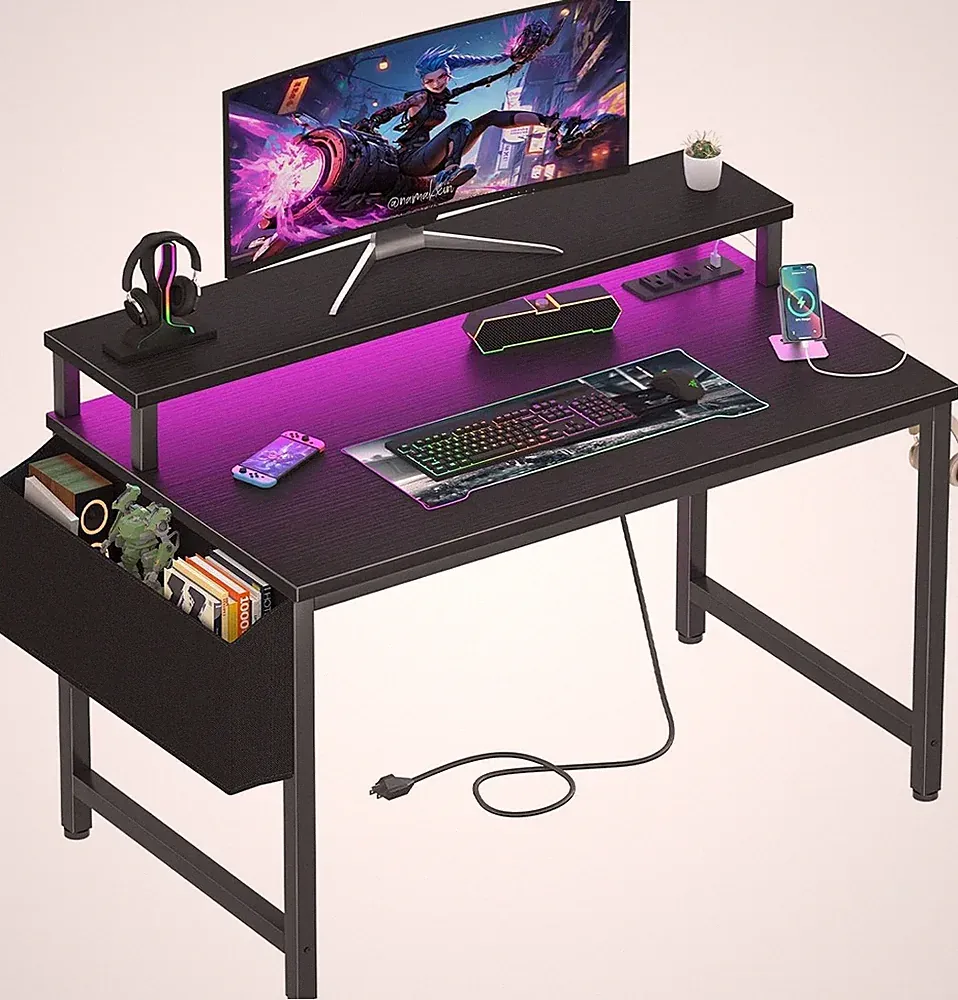 Compact Desk with Power Outlets & LED Lights - 32" Study & Gaming Table