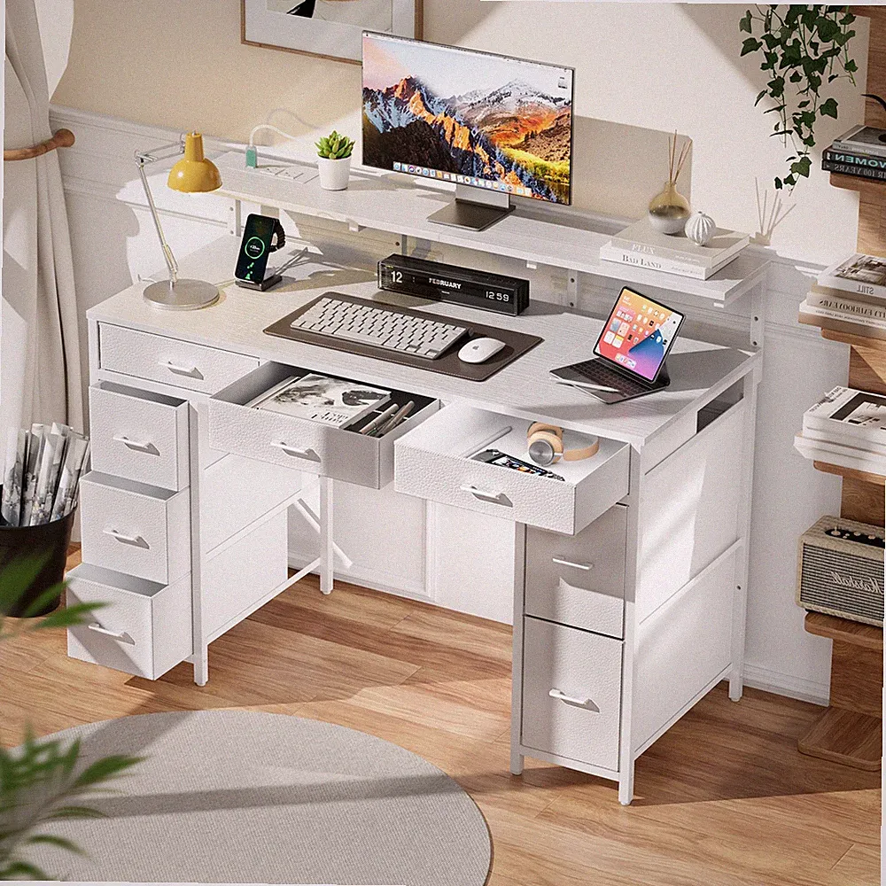 Computer Desk with Drawers & Power Outlet, Gaming Desk with Monitor Stand, White