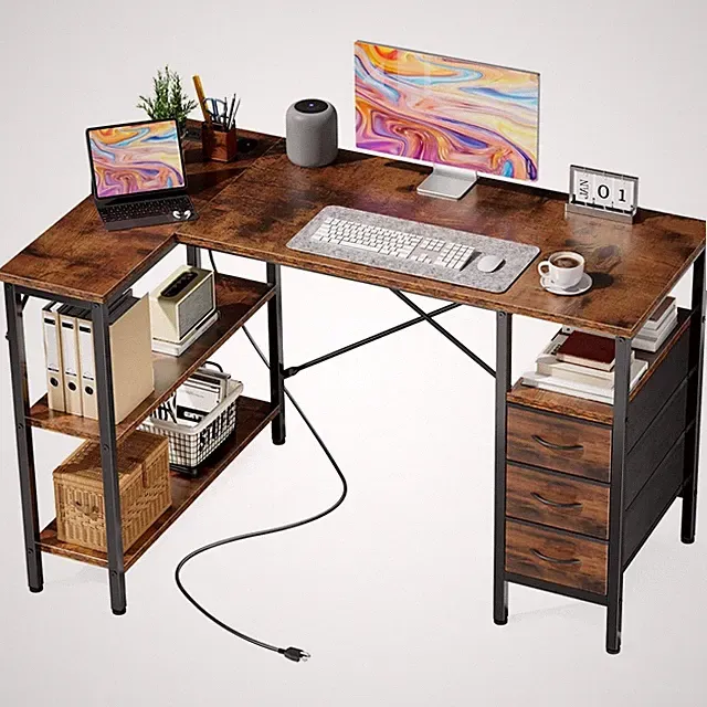 Computer Gaming Desk w/ Drawers&USB Charging Ports LED Lights Reversible Desk
