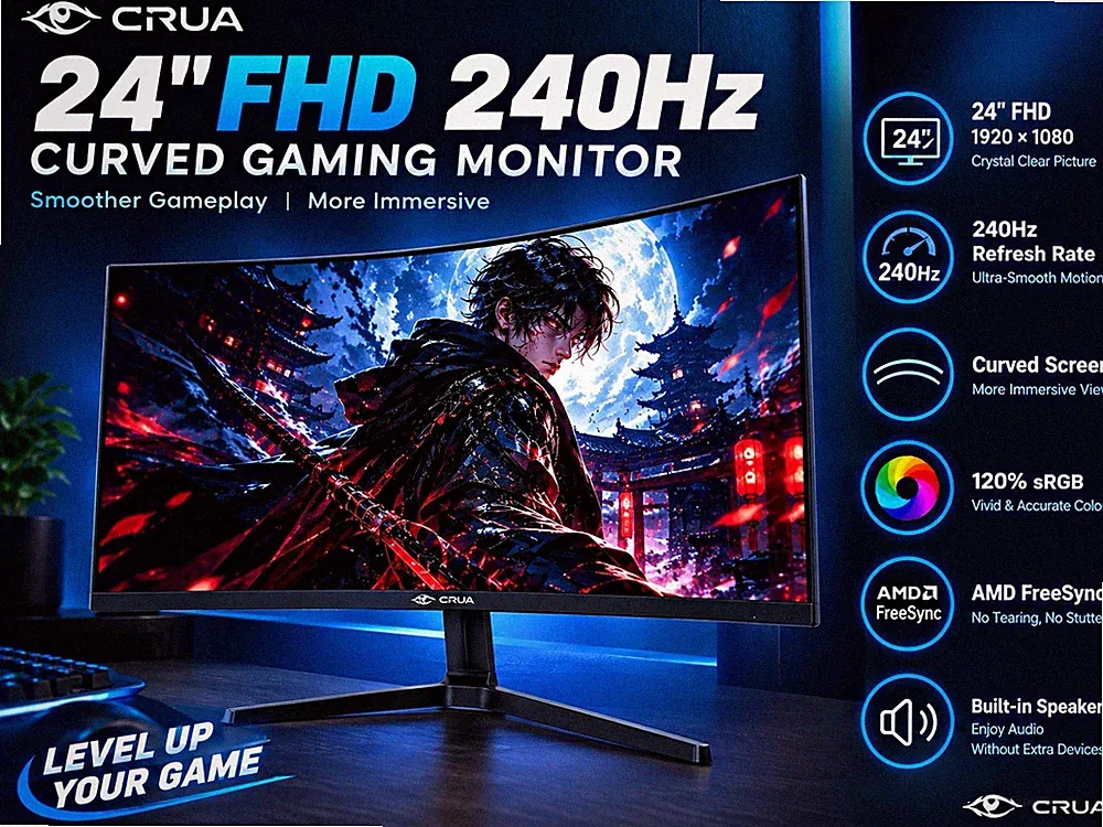 CRUA 24in Curved FHD 240Hz 1ms Gaming Monitor AMD FreeSync Speakers