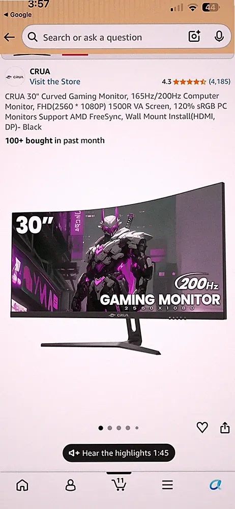 CRUA 30in Curved VA 2560x1080 200Hz FreeSync Wall Mount HDMI DP