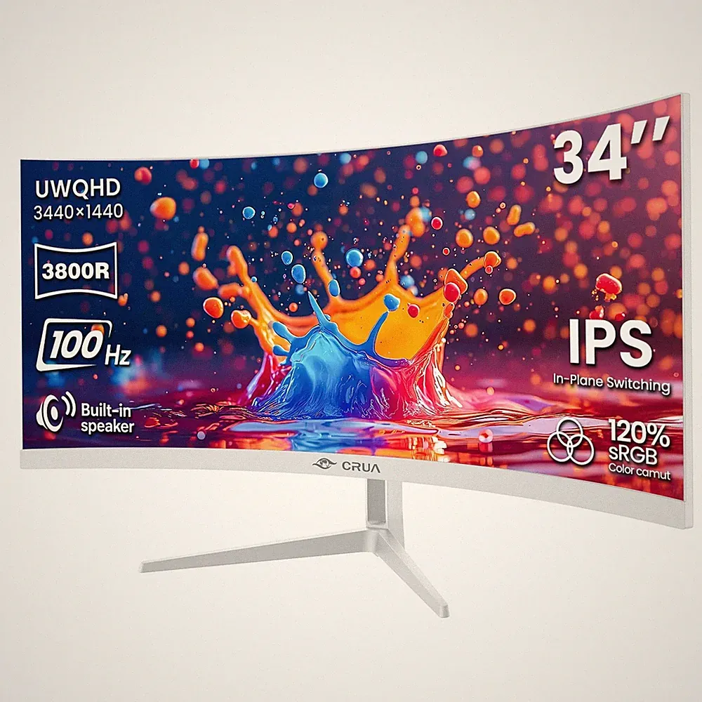 CRUA 34 Inch 21:9 UWQHD 100Hz IPS Ultrawide Curved Monitor, Speakers, White