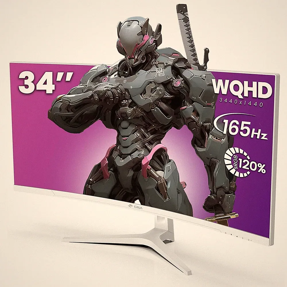 CRUA 34'' White Gaming Monitor 165Hz/144Hz, 21:9 1500R Ultrawide Curved Monitors