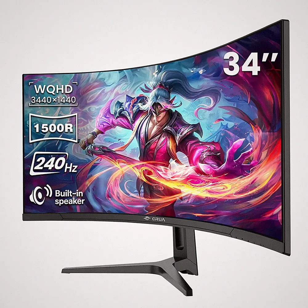 CRUA 34" WQHD 240Hz Ultrawide Curved Gaming Monitor, 1500R, FreeSync, Black