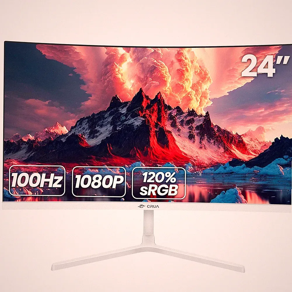 CRUA Cr240Qa 24" FHD 100Hz Curved Monitor, 120% sRGB, HDMI/VGA, Frameless, White