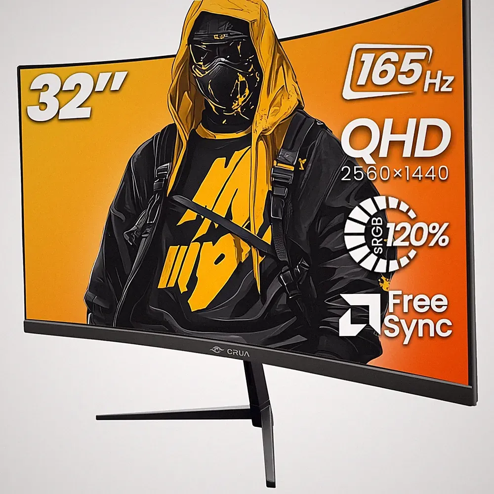 CRUA Cr320Qw 32" 2K QHD 165Hz Curved Gaming Monitor, FreeSync, HDMI/DP, Black