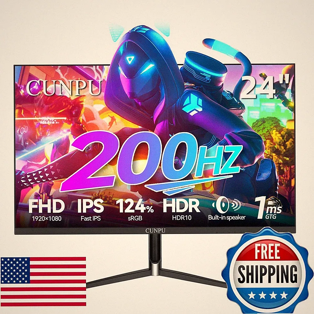 CUNPU 24 Inch 1080P 200Hz Gaming Monitor, FHD IPS Panel, 124% sRGB 1ms HDR