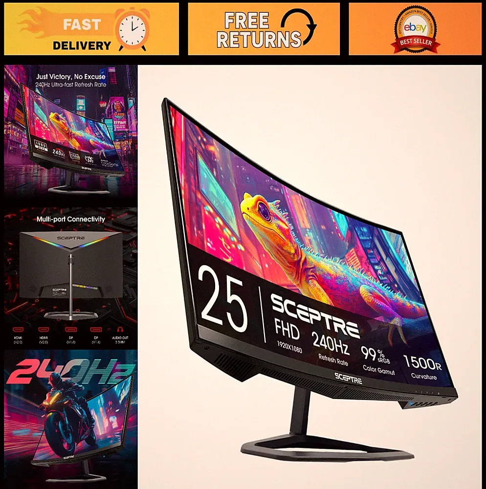 Curved 24.5" Gaming Monitor 240Hz 1080p R1500 1ms DisplayPort HDMI Built-in Spea