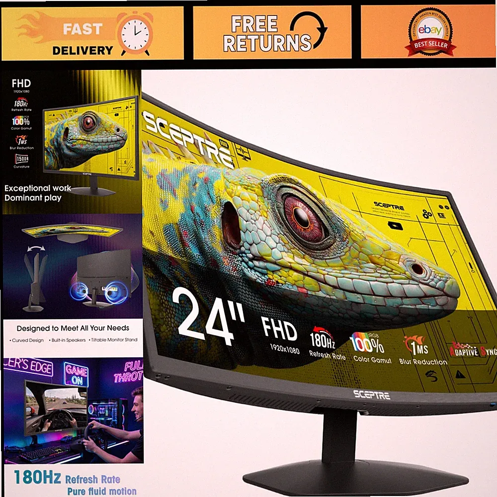 Curved 24" Gaming Monitor 1080p 1500R 1ms 180Hz DisplayPort HDMI Built-in Speake